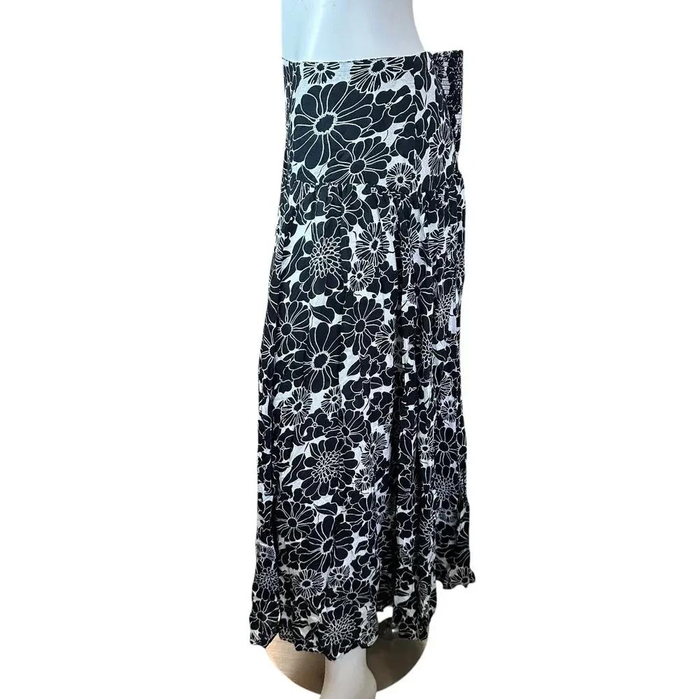 By Anthropologie Black White Floral Tiered Maxi Skirt L